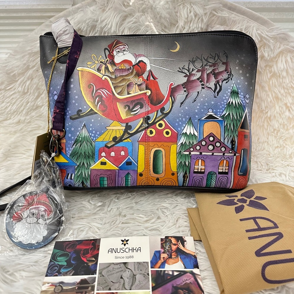 Anuschka Hand-Painted Leather Santa's Sleigh Crossbody Shoulder Bag Zip RFID NEW